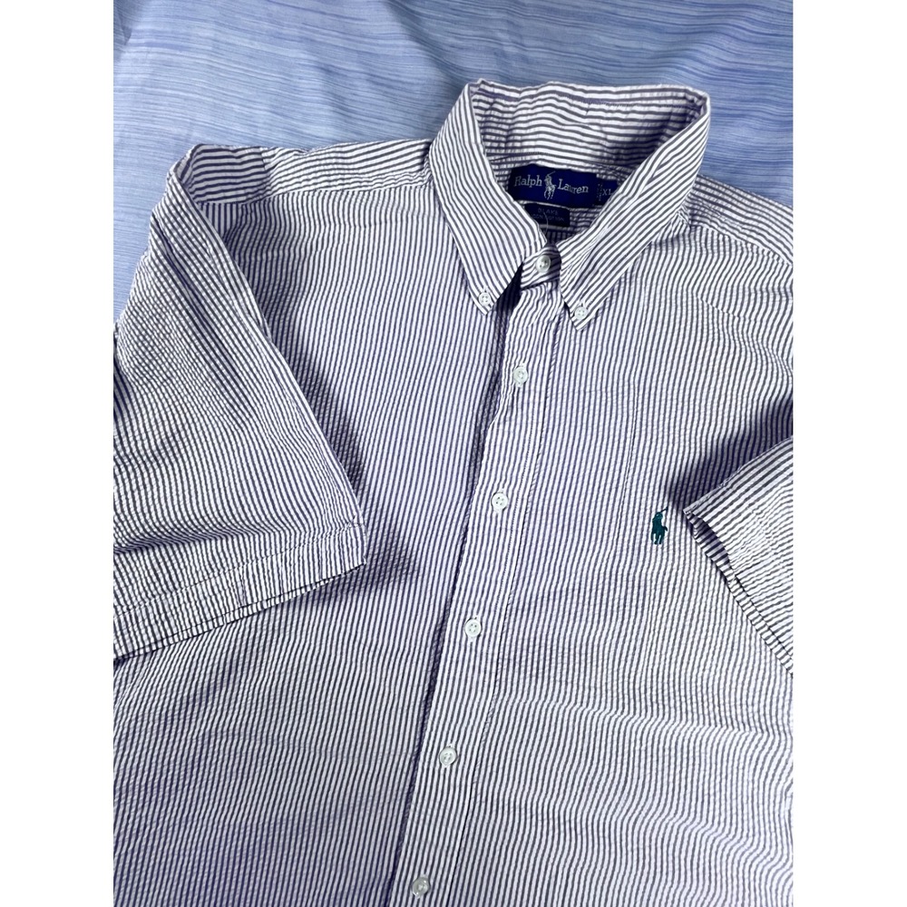 Ralph Lauren Blake Mens XL Purple White Seersucker Striped Short Sleeve Shirt